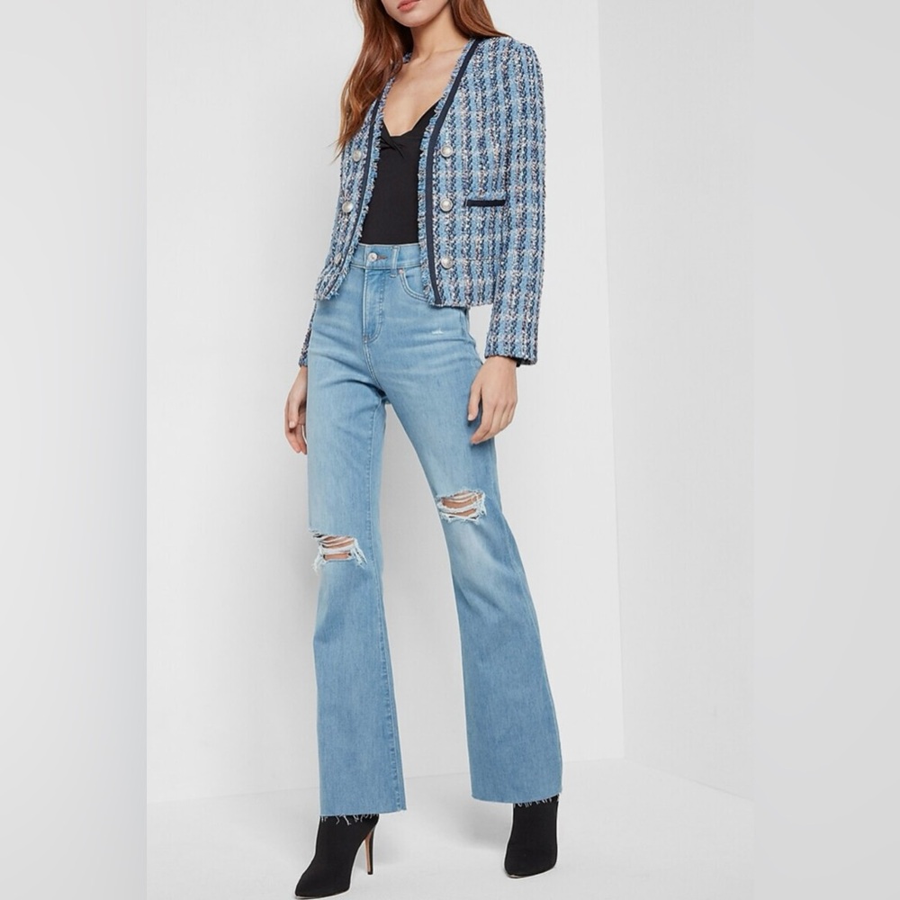 NWT Express Boucle Eyelash Tweed Plaid Blue Jacket Size XL
